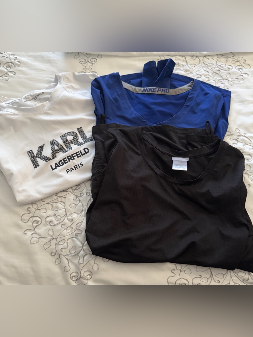 Karl Lagerfeld White extra small/ Nike pro blue small n Black medium sports Tops
